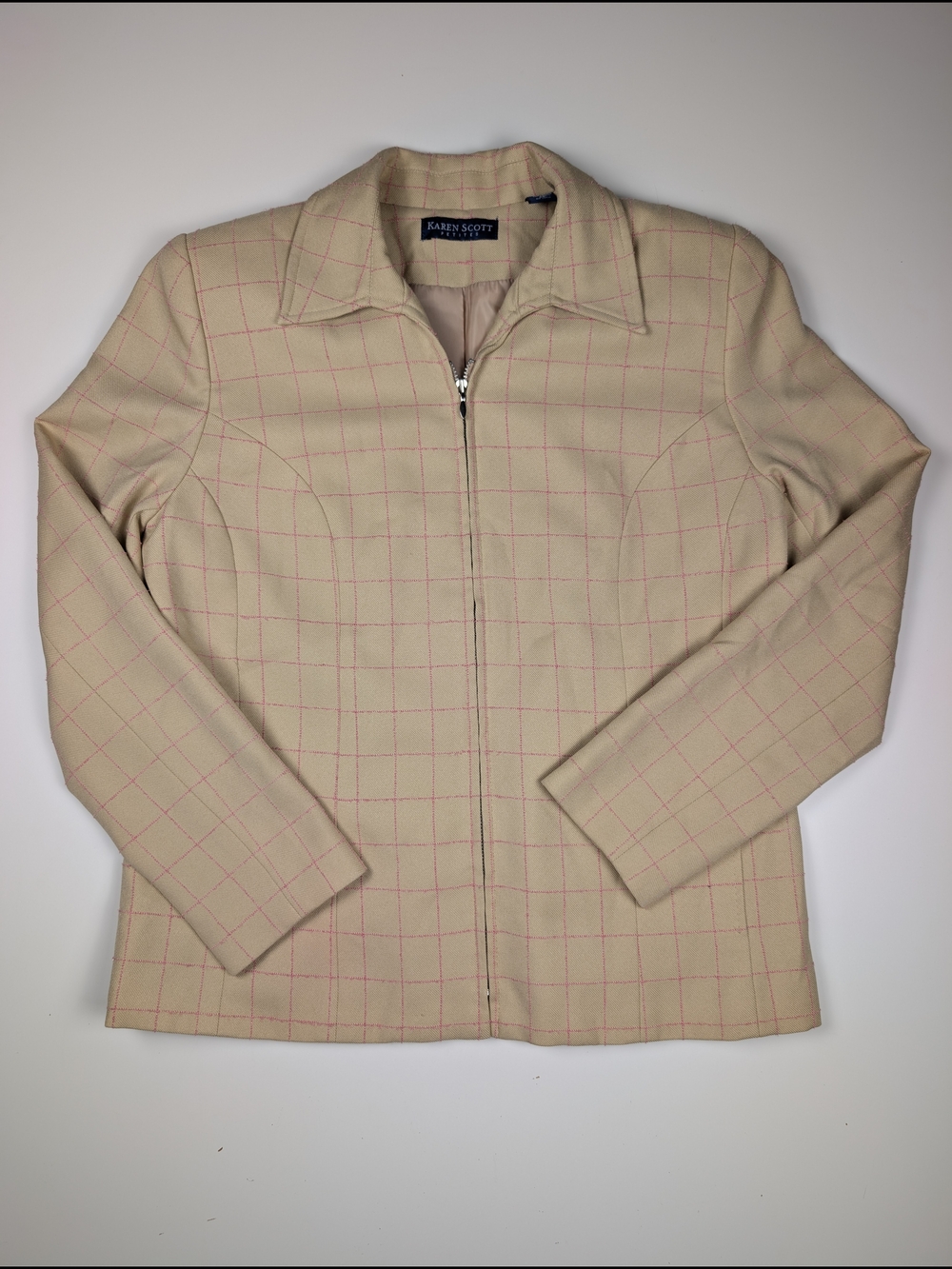 Karen Scott Vintage Pink Grid Zip Jacket Blazer 8P Tan Check Career Office Siren